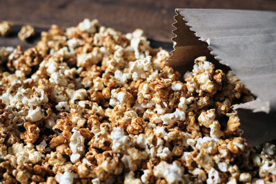 Close-up of popcorn on table