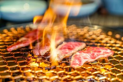 Close-up of meat on barbecue grill