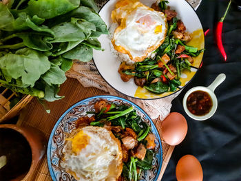 High angle view of breakfast served on table