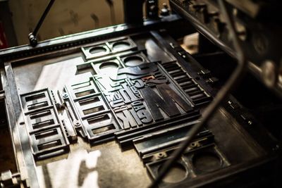 High angle view of machine on table