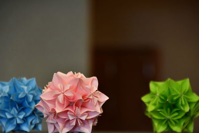 Close-up of pink roses on table