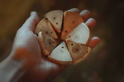 Close up person holding wooden slices for handicraft concept photo