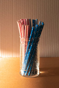 Close-up of multi colored pencils on table