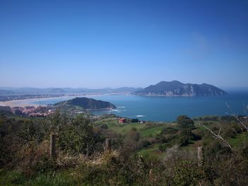 Scenic view of sea against clear blue sky