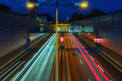 Light trails on road at night