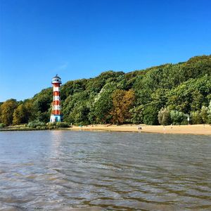 Scenic view of lake against clear blue sky