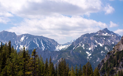 Scenic view of mountains against cloudy sky