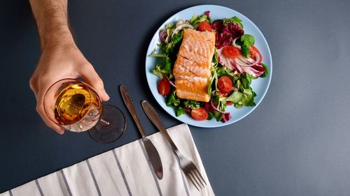 High angle view of food served on table