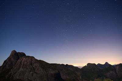 Scenic view of mountains against sky at night