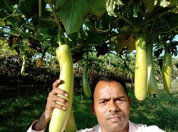 Indian farmer with his fild , fresh vegetable.