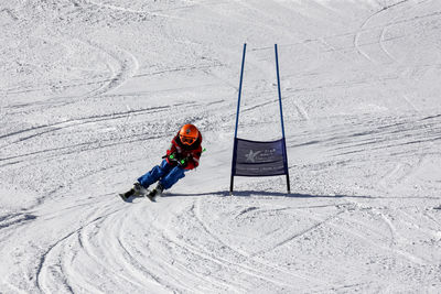 High angle view of man skiing in snow