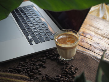 High angle view of coffee cup on table