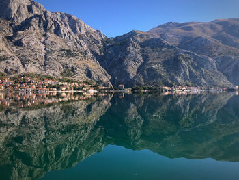 Scenic view of lake by mountains against sky