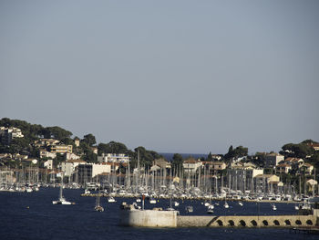 Sailboats in sea against clear sky