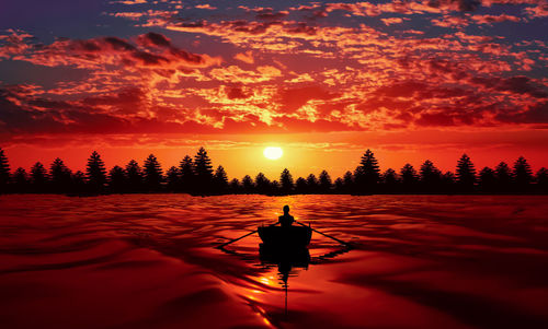 Silhouette man on boat against sky during sunset