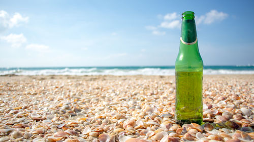 Close-up of pebbles on beach against sky