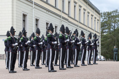 Oslo, norway - june 26 2019 - hans majestet kongens garde serving as the royal guards at the palace.