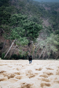 Full length of woman walking on sand against forest