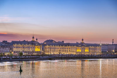 View of bordeaux city center from garonne river in sunset, france