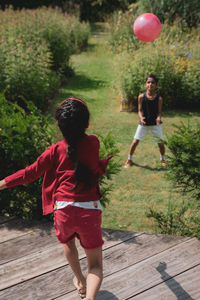 Rear view of siblings playing with ball