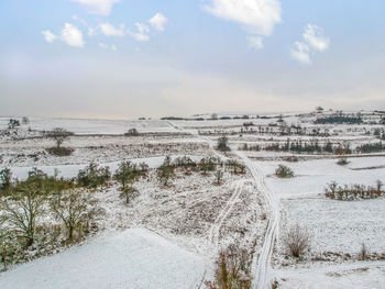 Scenic view of snow covered land against sky