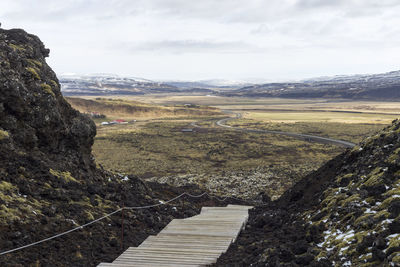 High angle view of the landscape going down the staircase of the grabrok crater