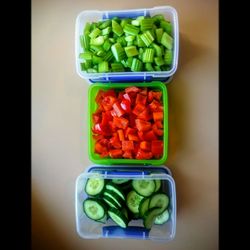 High angle view of various fruits in container