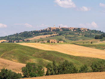 Scenic view of agricultural field against sky