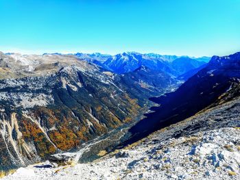 Scenic view of snowcapped mountains against clear blue sky