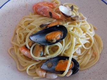 High angle view of pasta in plate