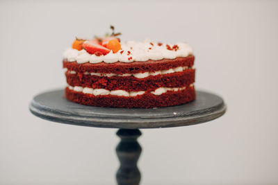 Close-up of cake against white background