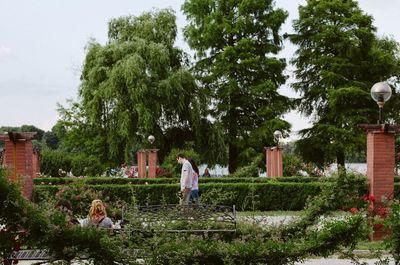 People in yard against trees