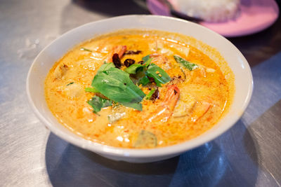 High angle view of soup in bowl on table