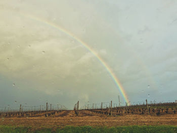 Scenic view of rainbow over field against sky