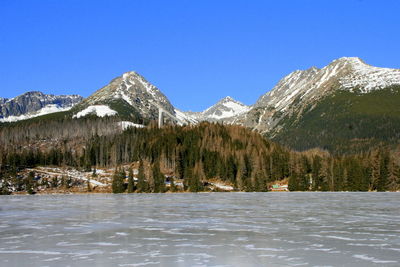 Scenic view of snow covered mountains against clear sky