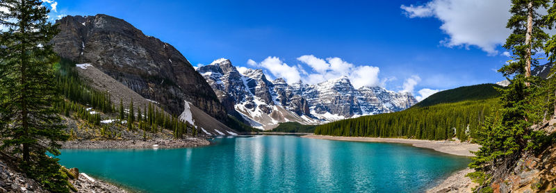 Panoramic view of lake and mountains against blue sky