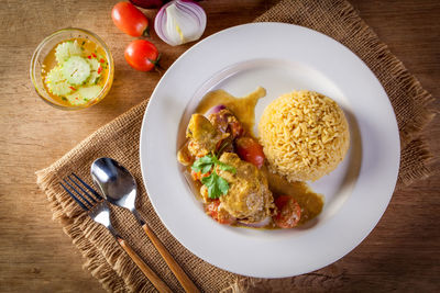 High angle view of food in plate on table