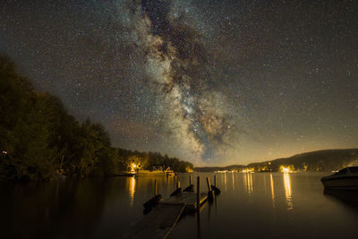 Scenic view of lake against sky at night