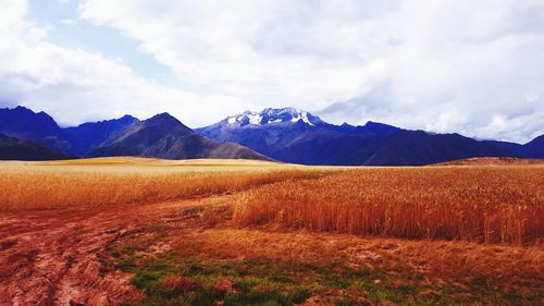 Scenic view of field and mountains against sky
