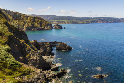 Scenic view of bay against sky