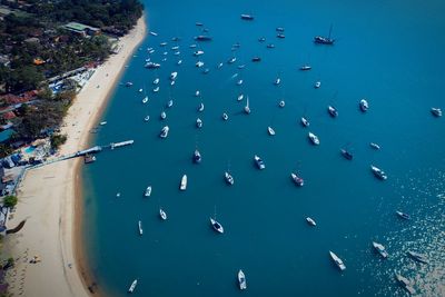 High angle view of boats in sea