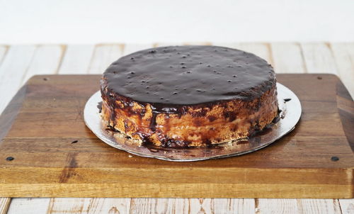 High angle view of chocolate cake in plate on table