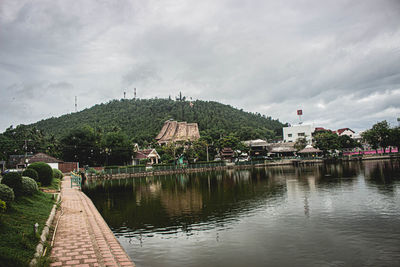 Scenic view of lake by building against sky