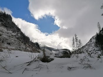 Scenic view of snow covered mountains against sky