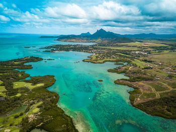 Scenic view of bay against sky