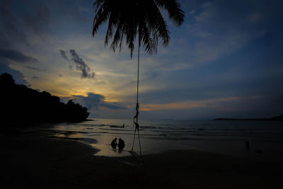 Silhouette trees on beach against sky during sunset