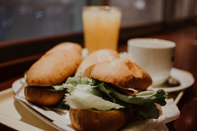 Close-up of burger on table