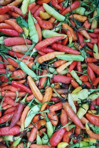 Full frame shot of red chili peppers for sale at market