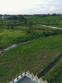 High angle view of grassy field against sky