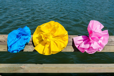 High angle view of yellow floating on water